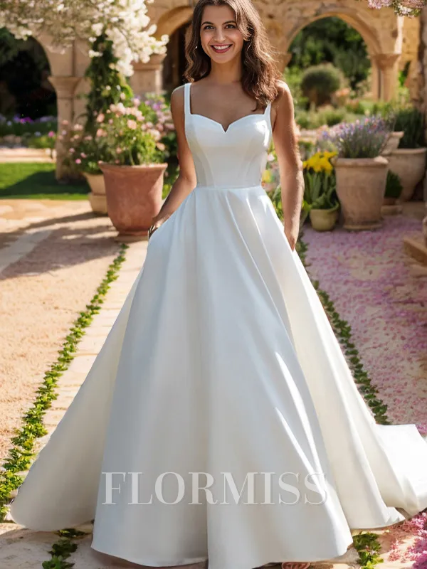 A-line Straps Court Train Satin Corset Wedding Dress