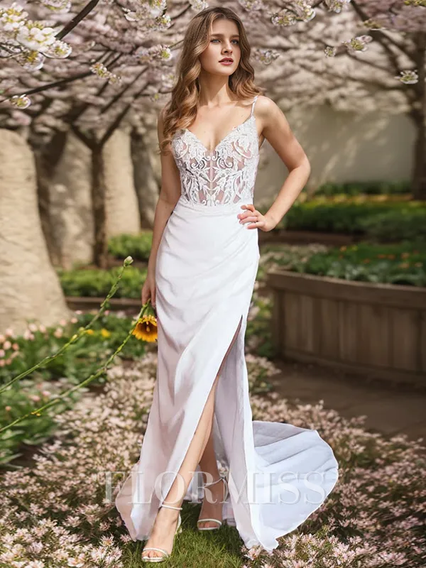 Sheath V-neck Appliques Lace Court Train Charmeuse Corset Wedding Dress