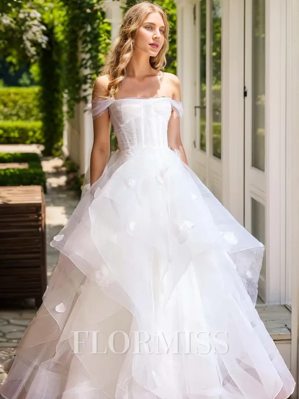 A-line Off-the-Shoulder Appliques Lace Floor-Length Tulle Corset Convertible Wedding Dress