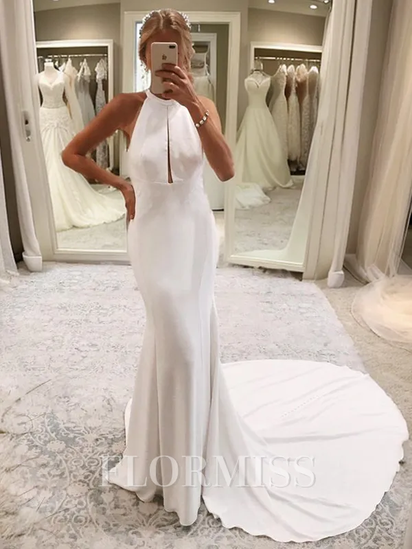 Sheath Halter Cathedral Train Stretch Crepe Wedding Dress
