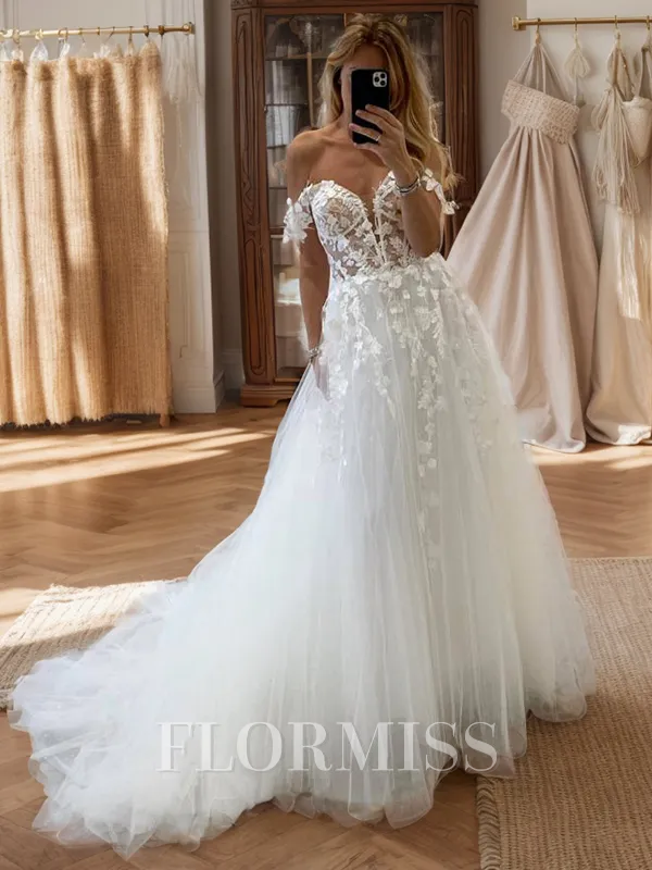 A-line Off-the-Shoulder Appliques Lace Court Train Tulle Corset Wedding Dress