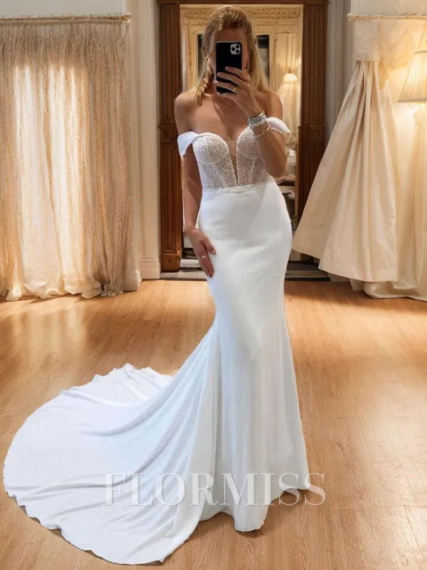 Sheath Off-the-Shoulder Court Train Charmeuse Corset Wedding Dress