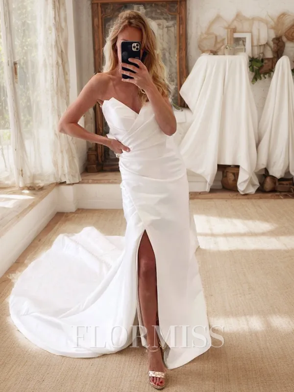 Sheath V-neck Pleated Court Train Satin Wedding Dress