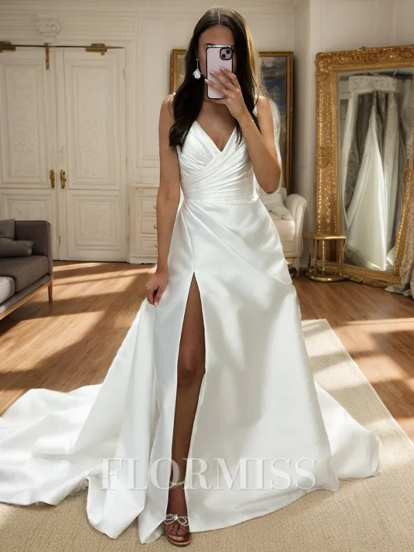 A-line V-neck Pleated Chapel Train Satin Wedding Dress