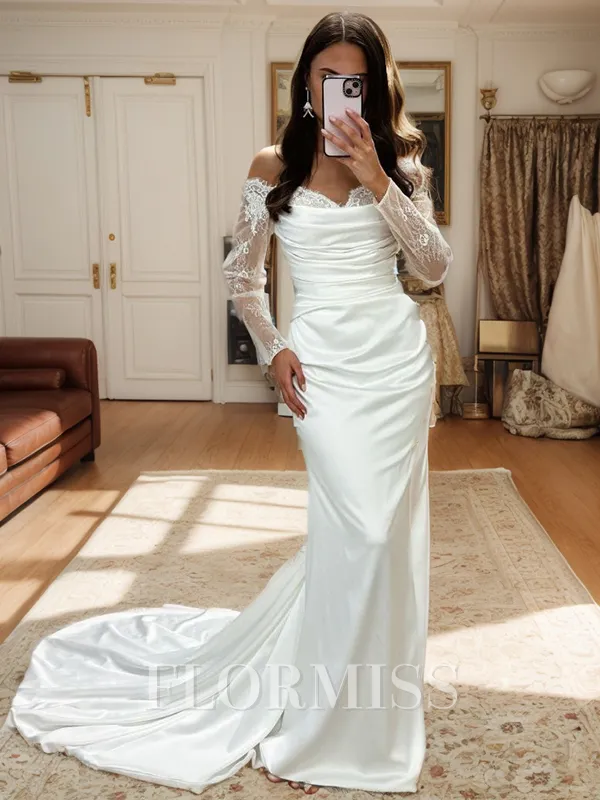 Sheath Off-the-Shoulder Long Sleeves Appliques Lace Court Train Wedding Dress
