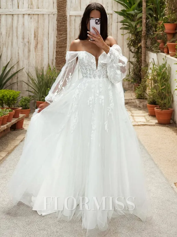 A-line Off-the-Shoulder Long Sleeves Appliques Lace Floor-Length Tulle Corset Wedding Dress