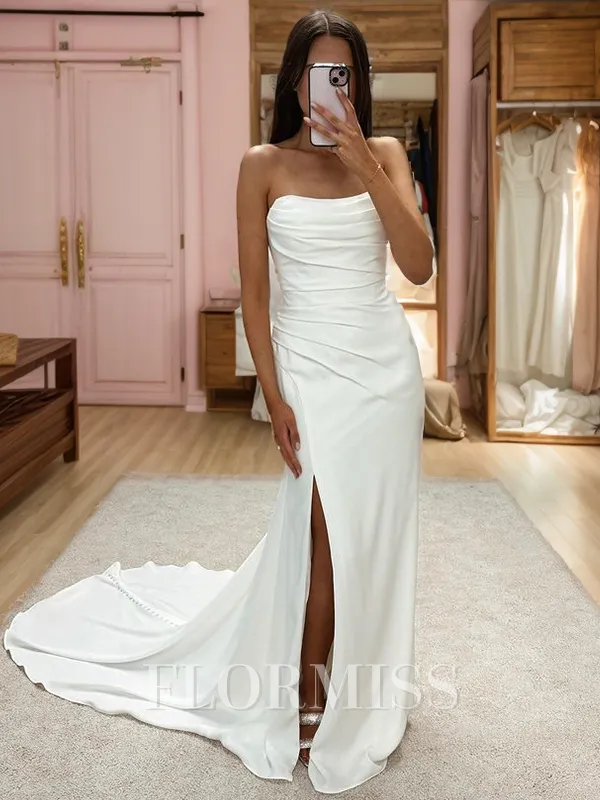 Sheath Straight Pleated Chapel Train Silk Like Satin Wedding Dress