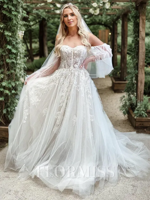 A-line Off-the-Shoulder Long Sleeves Appliques Lace Chapel Train Tulle Corset Wedding Dress