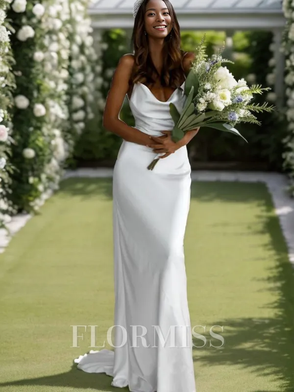 Sheath/Column NS Elastic Woven Satin Ruched Spaghetti Straps Sweep Train Sleeveless Wedding Dresses