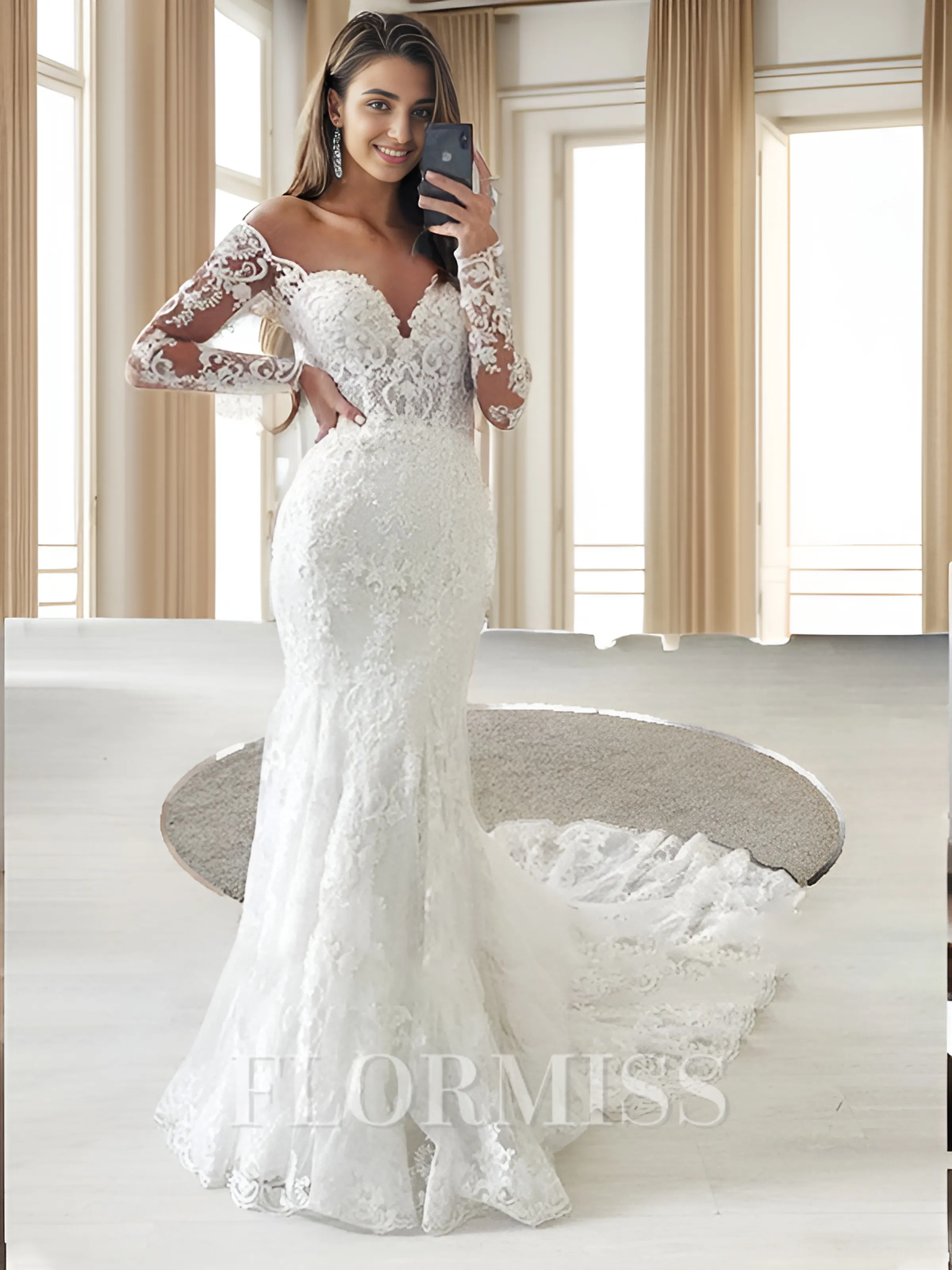 Trumpet/Mermaid Tulle Applique Off-the-Shoulder Long Sleeves Chapel Train Wedding Dresses