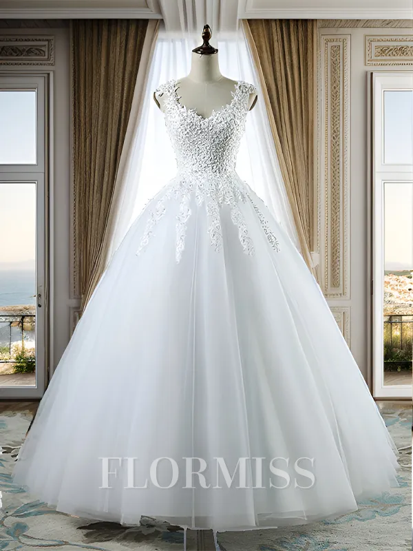 Ball Gown V-neck Sleeveless Sweetheart Floor-Length Applique Tulle Wedding Dresses