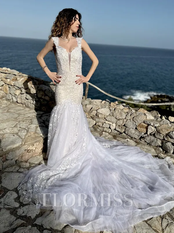 Trumpet/Mermaid Off-the-Shoulder Cathedral Train Tulle Wedding Dress