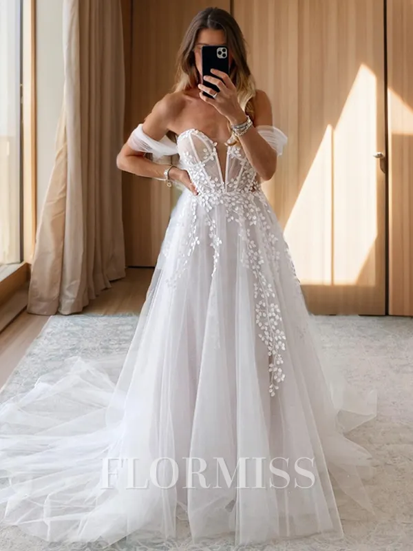 A-line Sweetheart Appliques Lace Chapel Train Tulle Corset Convertible Wedding Dress