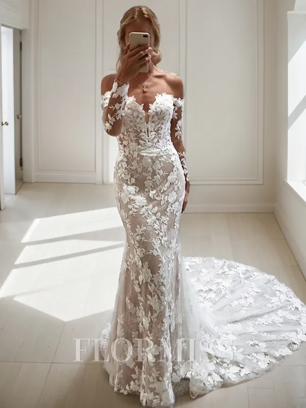 Sheath Off-the-Shoulder Long Sleeves Appliques Lace Cathedral Train Lace Wedding Dress