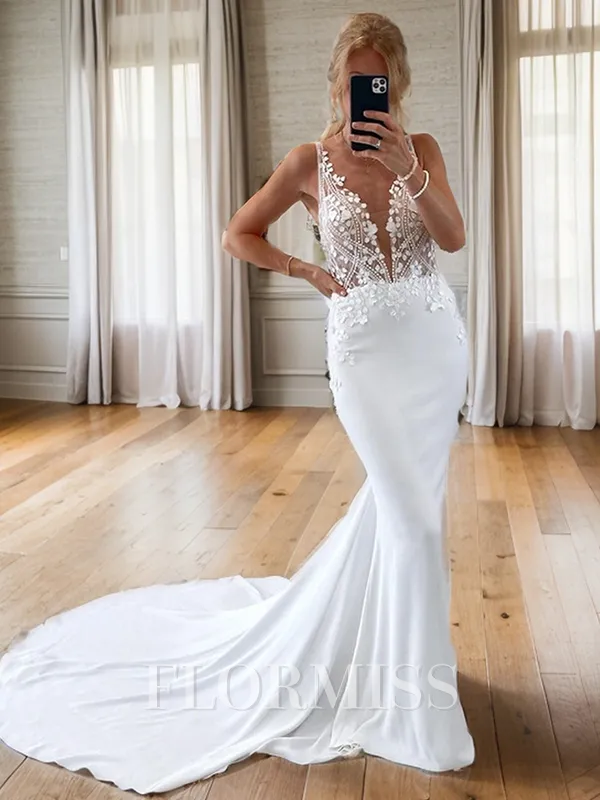 Sheath V-neck Appliques Lace Chapel Train Stretch Crepe Wedding Dress