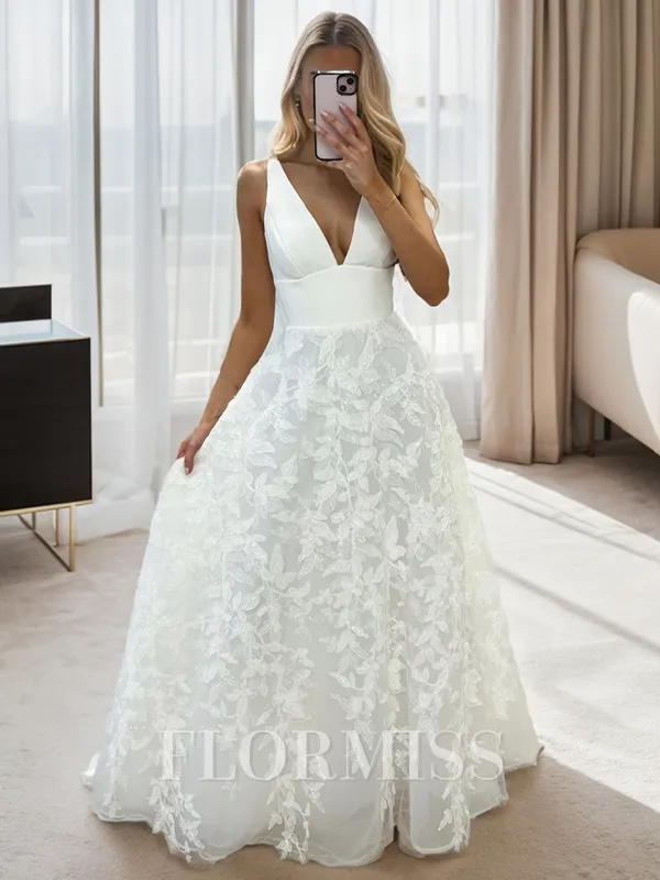 A-line V-neck Appliques Lace Floor-Length Stretch Crepe Wedding Dress