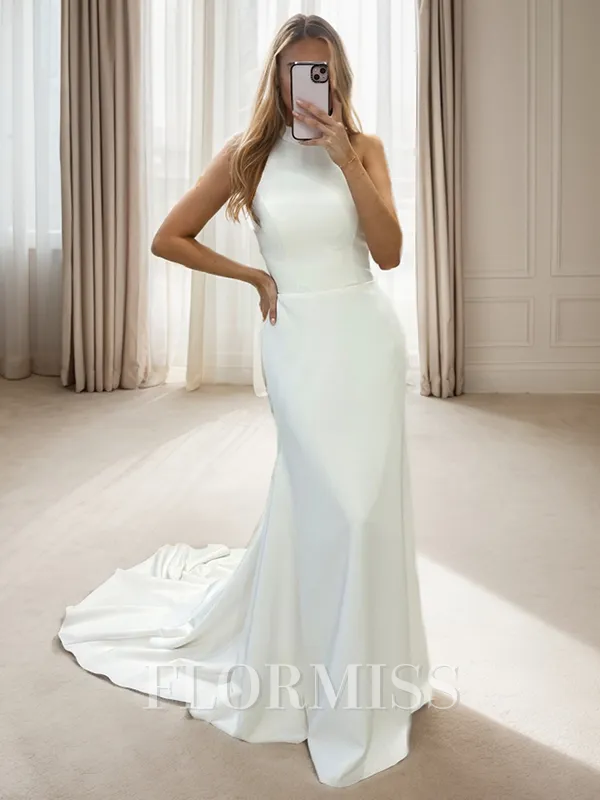 Sheath Halter Court Train Stretch Crepe Wedding Dress