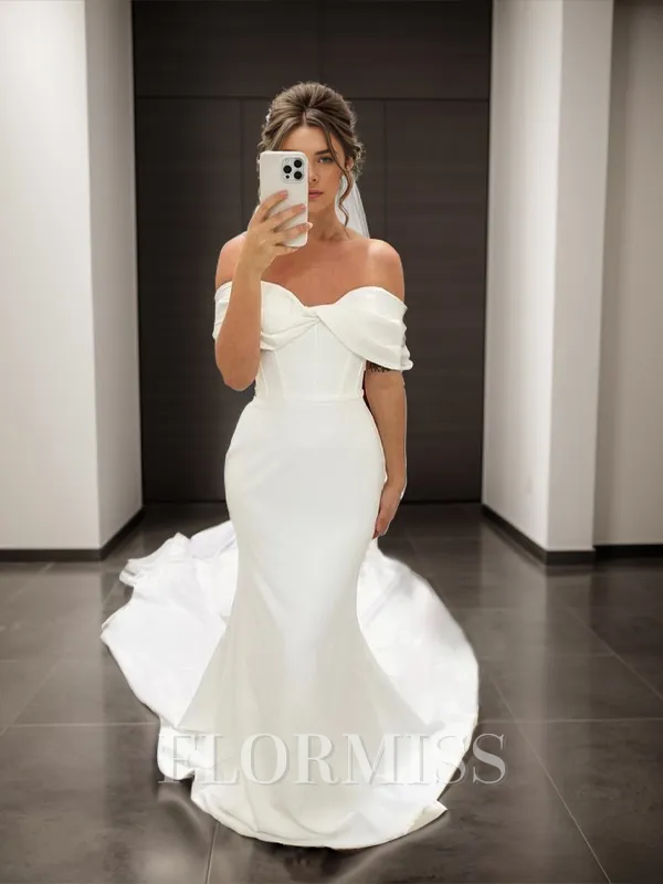 Sheath Off-the-Shoulder Pleated Cathedral Train Corset Wedding Dress