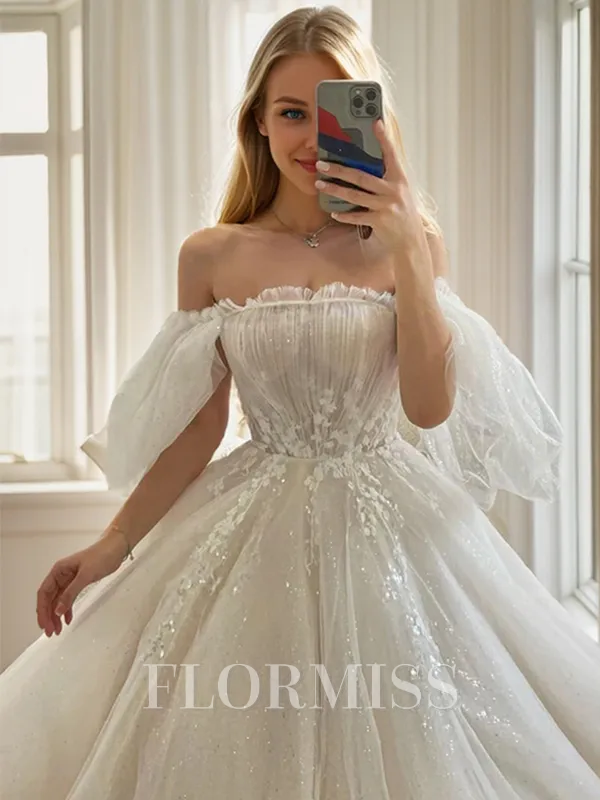 Ball-Gown Off-the-Shoulder Short Sleeves Appliques Lace Cathedral Train Tulle Wedding Dress