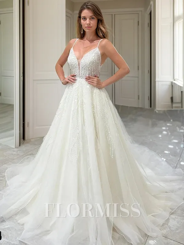 A-line V-neck Cathedral Train Tulle Wedding Dress