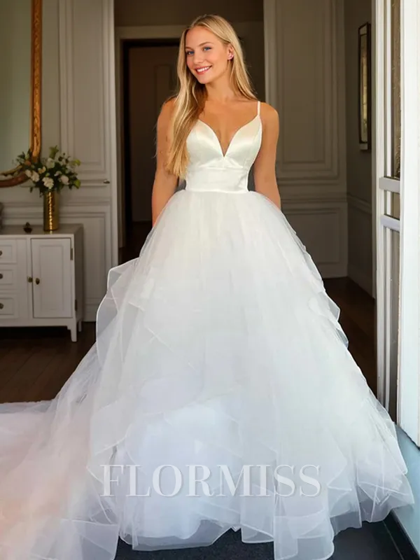 A-line V-neck Chapel Train Tulle Wedding Dress