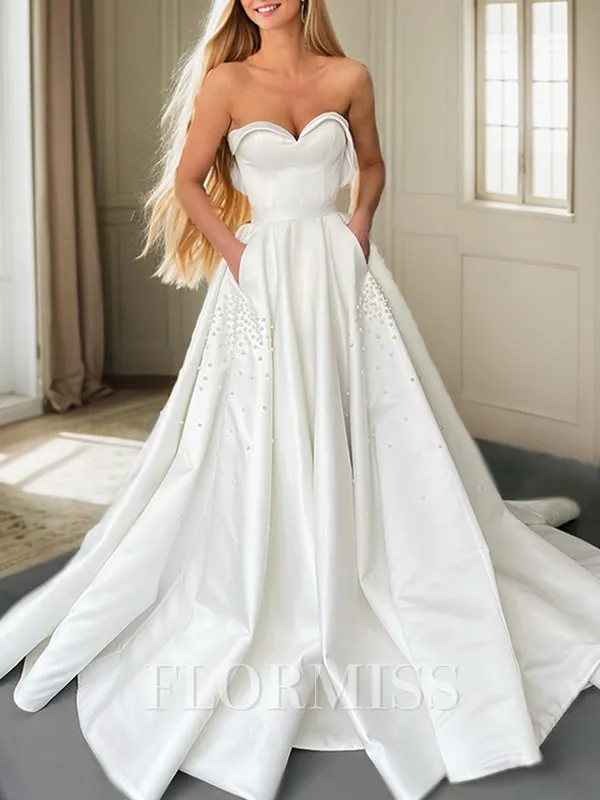 A-line Sweetheart Beading Court Train Satin Wedding Dress