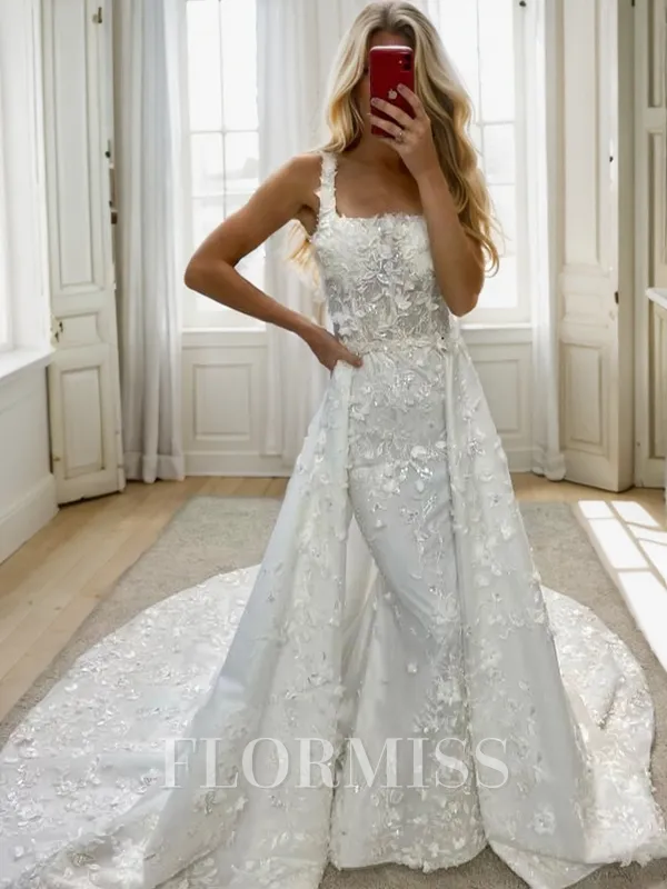 Sheath Square Appliques Lace Cathedral Train Lace Wedding Dress
