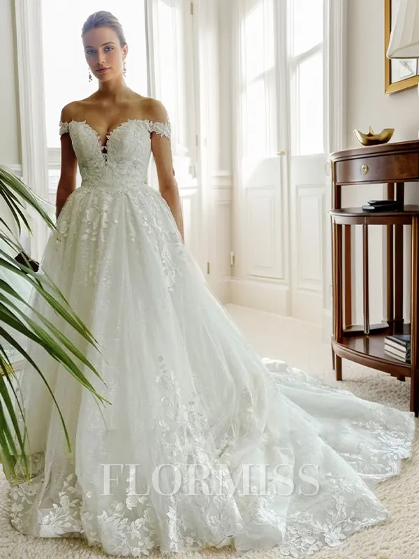 A-line Off-the-Shoulder Appliques Lace Cathedral Train Tulle Wedding Dress