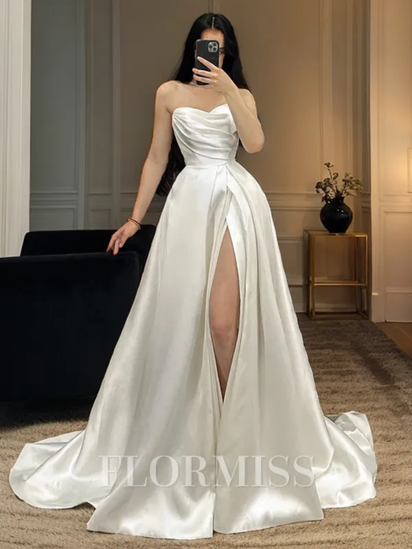 A-line Straight Pleated Court Train Satin Wedding Dress