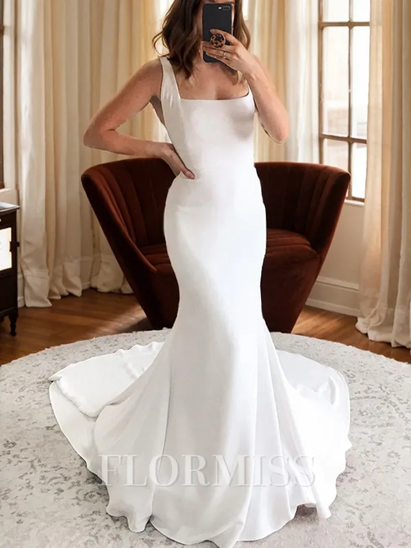 Sheath Square Chapel Train Stretch Crepe Wedding Dress