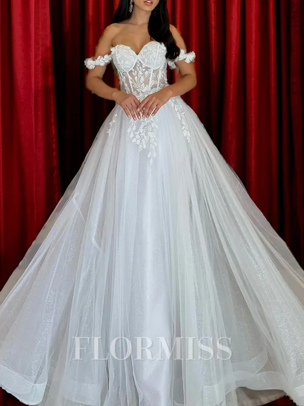 A-line Off-the-Shoulder Appliques Lace Floor-Length Tulle Corset Wedding Dress