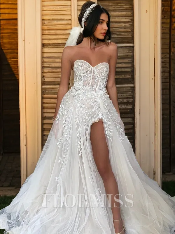 A-line Sweetheart Appliques Lace Court Train Tulle Corset Wedding Dress