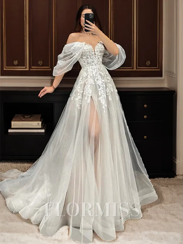 A-line Off-the-Shoulder Short Sleeves Appliques Lace Sweep Train Tulle Wedding Dress