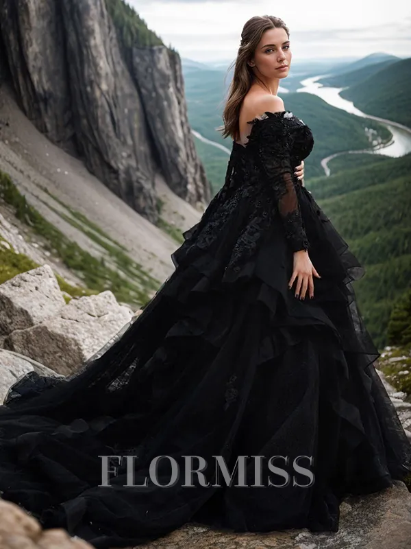 Ball-Gown V-neck Chapel Train Tulle Long Sleeves Crossed Straps Wedding Dresses