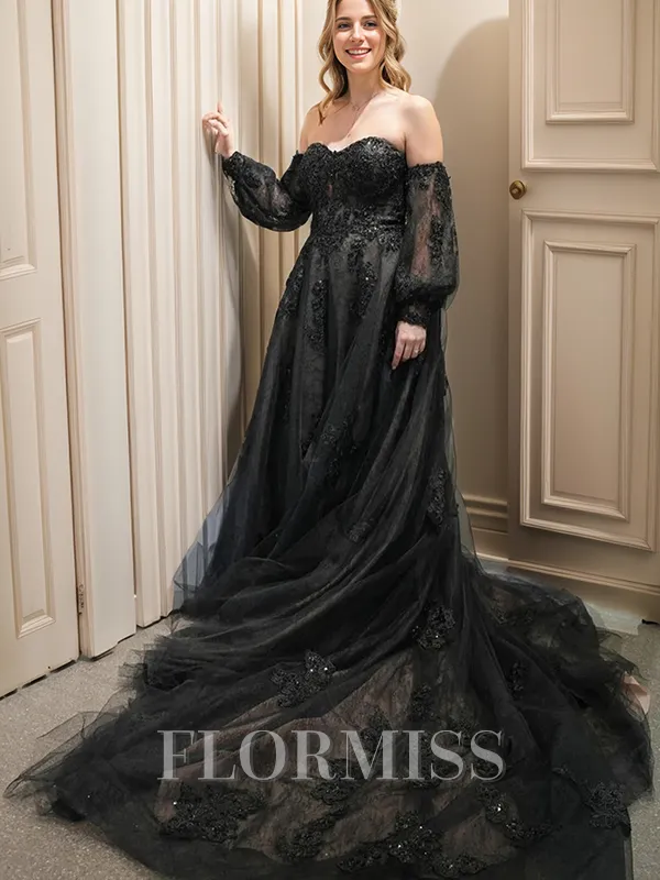 Ball-Gown Sweetheart Chapel Train Tulle Long Sleeves Wedding Dresses