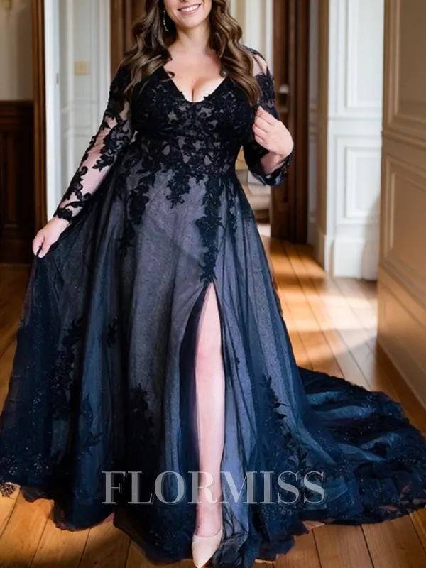 Ball-Gown V-neck Chapel Train Tulle Long Sleeves V Back Wedding Dresses