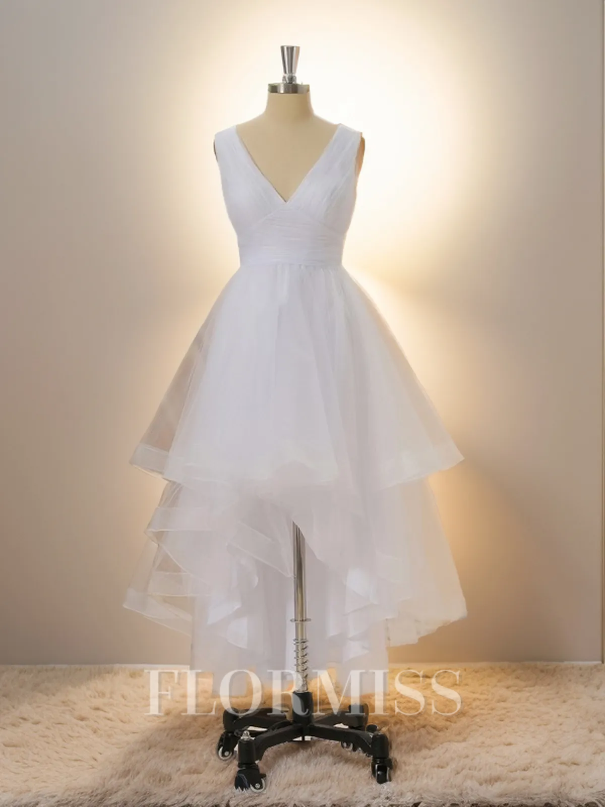 A-line Tulle V-neck Pleated Asymmetrical Wedding Dress