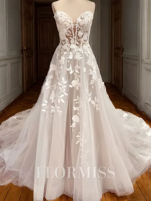A-line Sweetheart Appliques Lace Cathedral Train Tulle Corset Wedding Dress