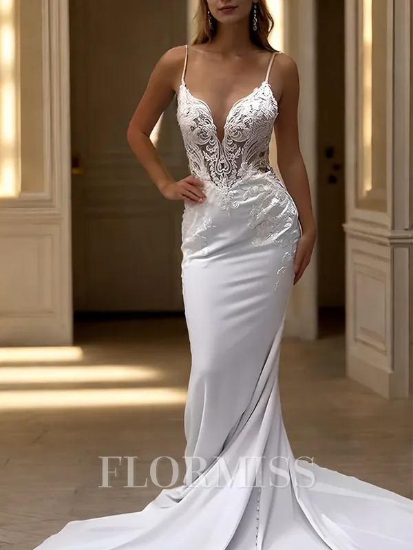 Sheath V-neck Appliques Lace Cathedral Train Stretch Crepe Wedding Dress