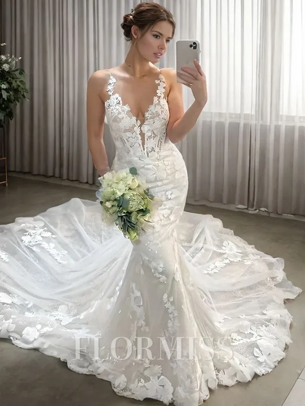 Sheath V-neck Appliques Lace Cathedral Train Tulle Corset Wedding Dress
