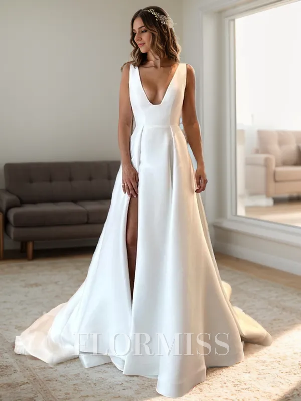 A-line V-neck Court Train Satin Wedding Dress