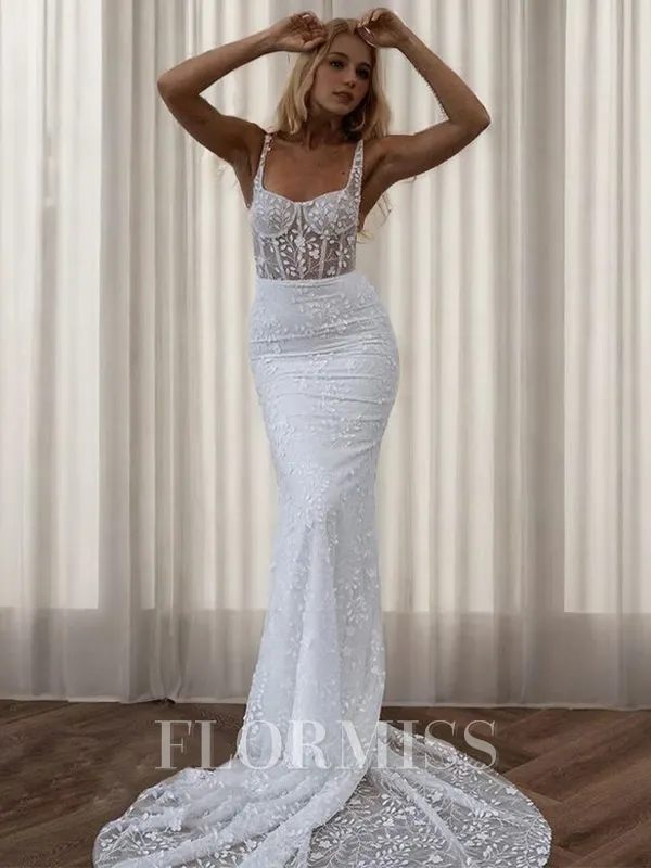 Sheath Square Appliques Lace Cathedral Train Lace Corset Wedding Dress