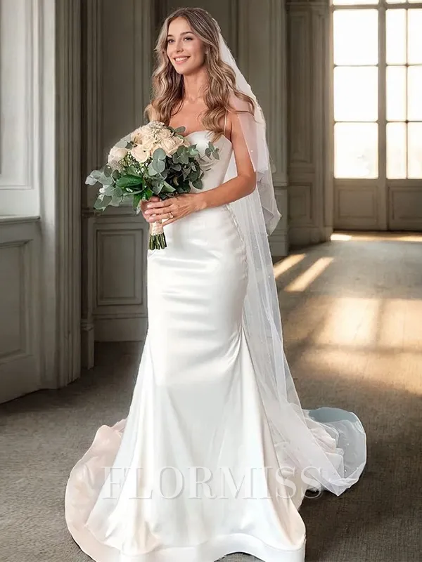 Sheath Spaghetti Straps Court Train Satin Wedding Dress
