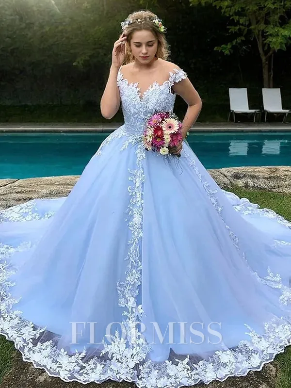 Ball-Gown Scoop Appliques Lace Cathedral Train Tulle Wedding Dress