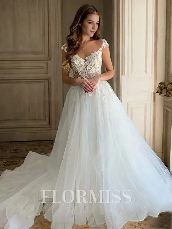 A-line Sweetheart Appliques Lace Cathedral Train Tulle Wedding Dress