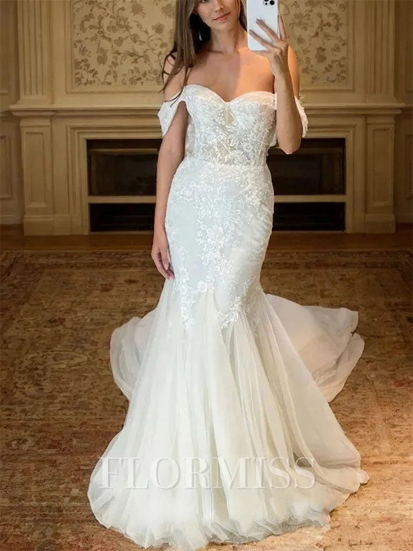 Sheath Off-the-Shoulder Appliques Lace Chapel Train Tulle Wedding Dress