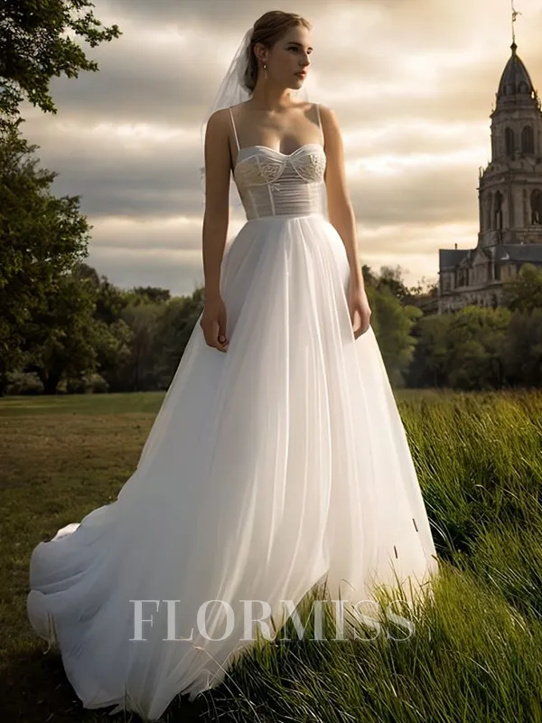 A-line Spaghetti Straps Appliques Lace Sweep Train Tulle Corset Wedding Dress