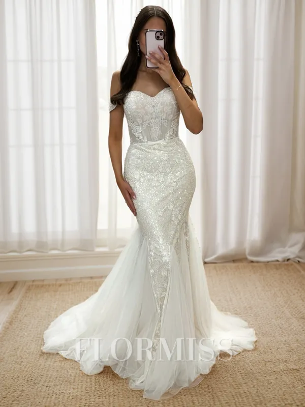 Sheath Off-the-Shoulder Appliques Lace Sweep Train Sequins Wedding Dress