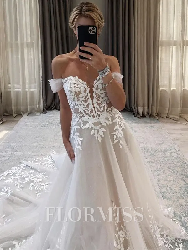 A-line Sweetheart Appliques Lace Chapel Train Tulle Corset Wedding Dress