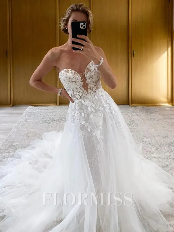 A-line Sweetheart Appliques Lace Chapel Train Tulle Corset Wedding Dress